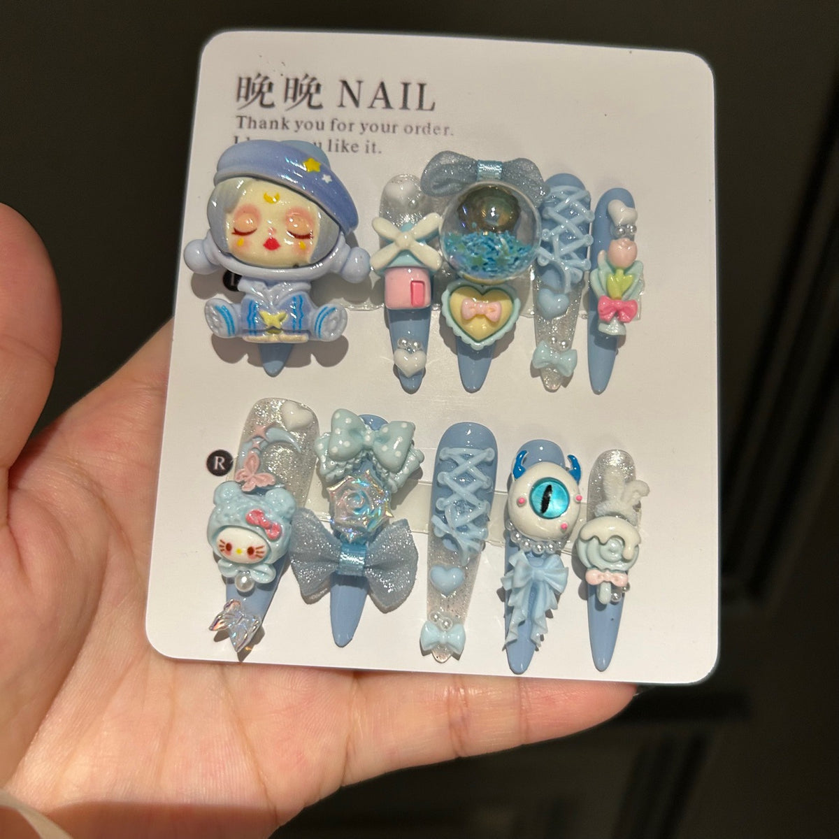 Handmade Blue Kawaii Space Doll Long Stiletto Press On Nails with 3D Resin Charms