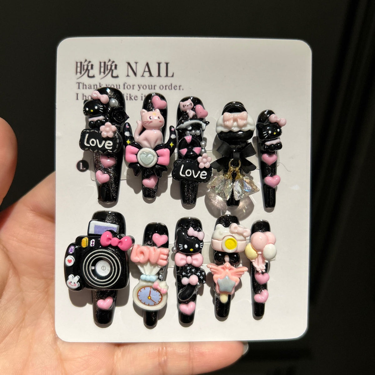 Black & Pink Glitter Coffin Press-on Nails with 3D Hello Kitty, Cute Cat, Camera, Clock, Bow, and Crystal Charms - Y2K Kawaii Fake Nail Set