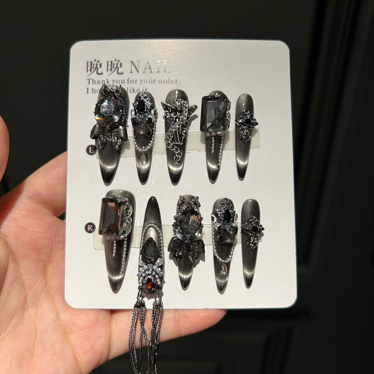 Handmade Metallic Black Angel Long Stiletto Press On Nails with Dark Crystals & Multi Chains