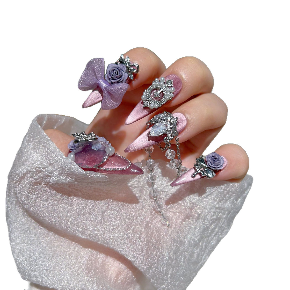 Mauve Pink Cat Eye Stiletto Press-on Nails with 3D Dusty Purple Roses, Sheer Organza Bow, Vintage Frame, and Crystal Draping Chain - Luxury Glam Fake Nail Set