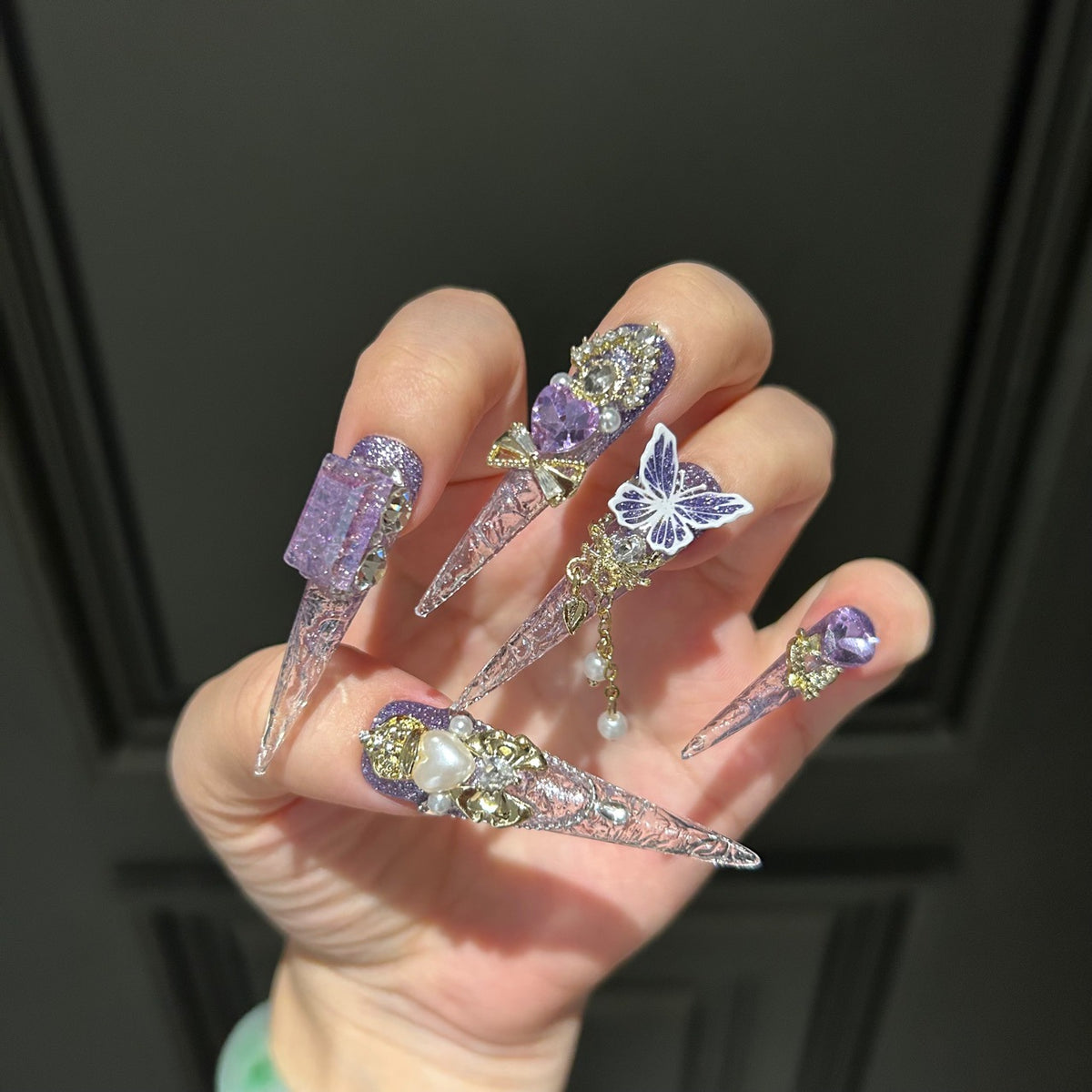 Handmade 3D Butterfly Press On Nails | Luxury Purple Cat Eye & Shimmer Reusable Fake Nails, Heavy Industry Rhinestone Nail Art for Women