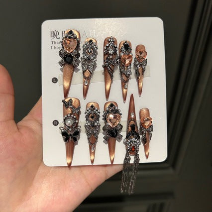 Handmade Bronze Metallic Butterfly Long Stiletto Press On Nails with Peach Heart Crystals & Tassel Chains