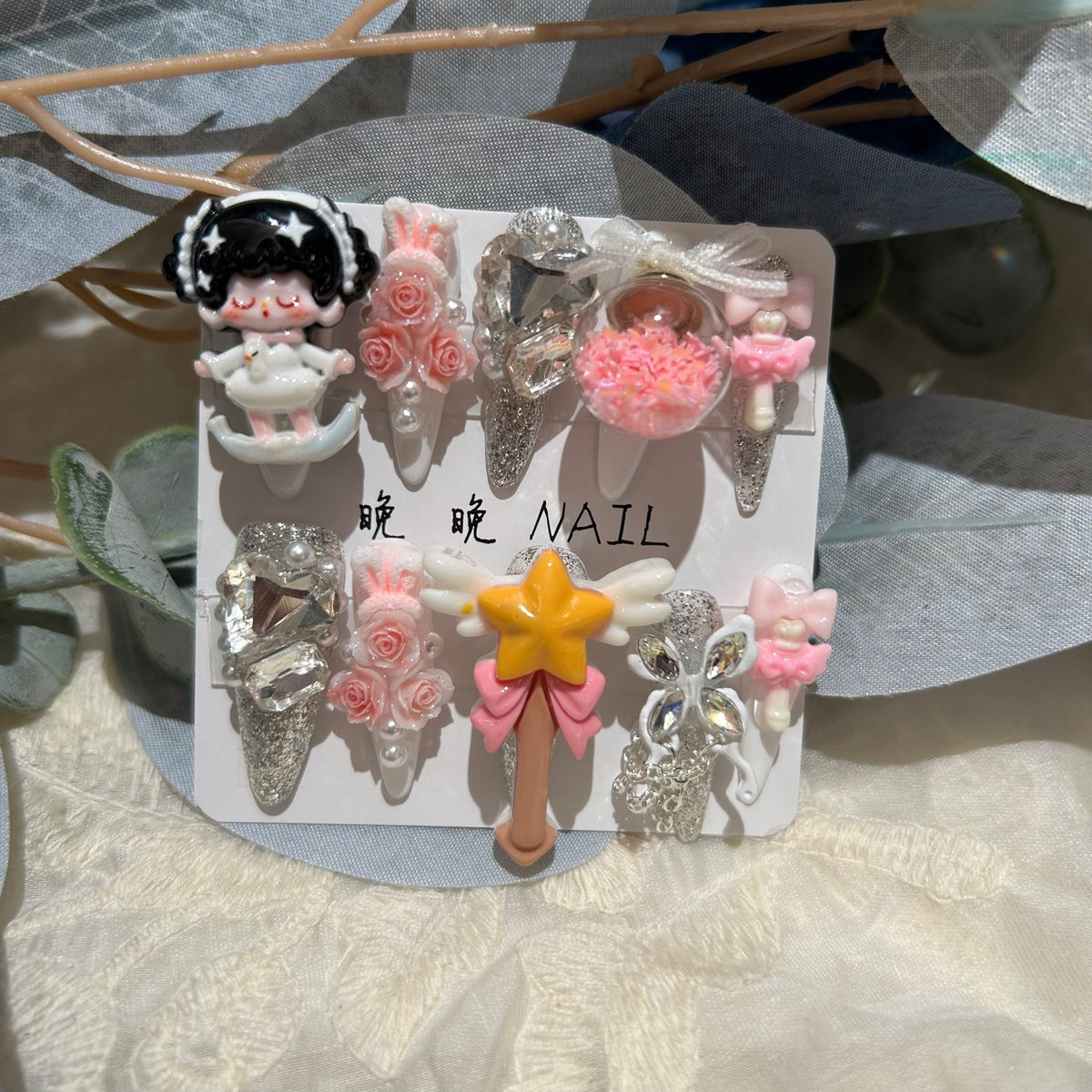 Handmade Kawaii Silver Glitter Long Stiletto Press On Nails with 3D Cartoon Doll, Magic Wand, Pink Roses & Floating Shaker Ball Charms