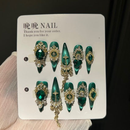 Handmade Emerald Green Cat Eye Press On Nails | Luxury White Cat Eye & 3D Butterfly Reusable Fake Nails, Heavy Industry Rhinestone Art