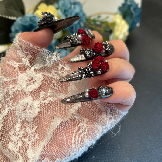 Handmade Metallic Black Long Stiletto Press On Nails with 3D Red Roses, Snake & Pearl Charms