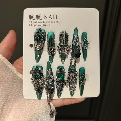 Handmade Blue Silk Press On Nails | Luxury Mysterious Green & Satin Glow Reusable Fake Nails, High-End Elegant Nail Art