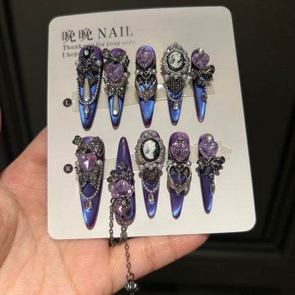Handmade Purple Blue Cat Eye Cameo Portrait Long Stiletto Press On Nails with Purple Heart Crystals & Butterfly Charms