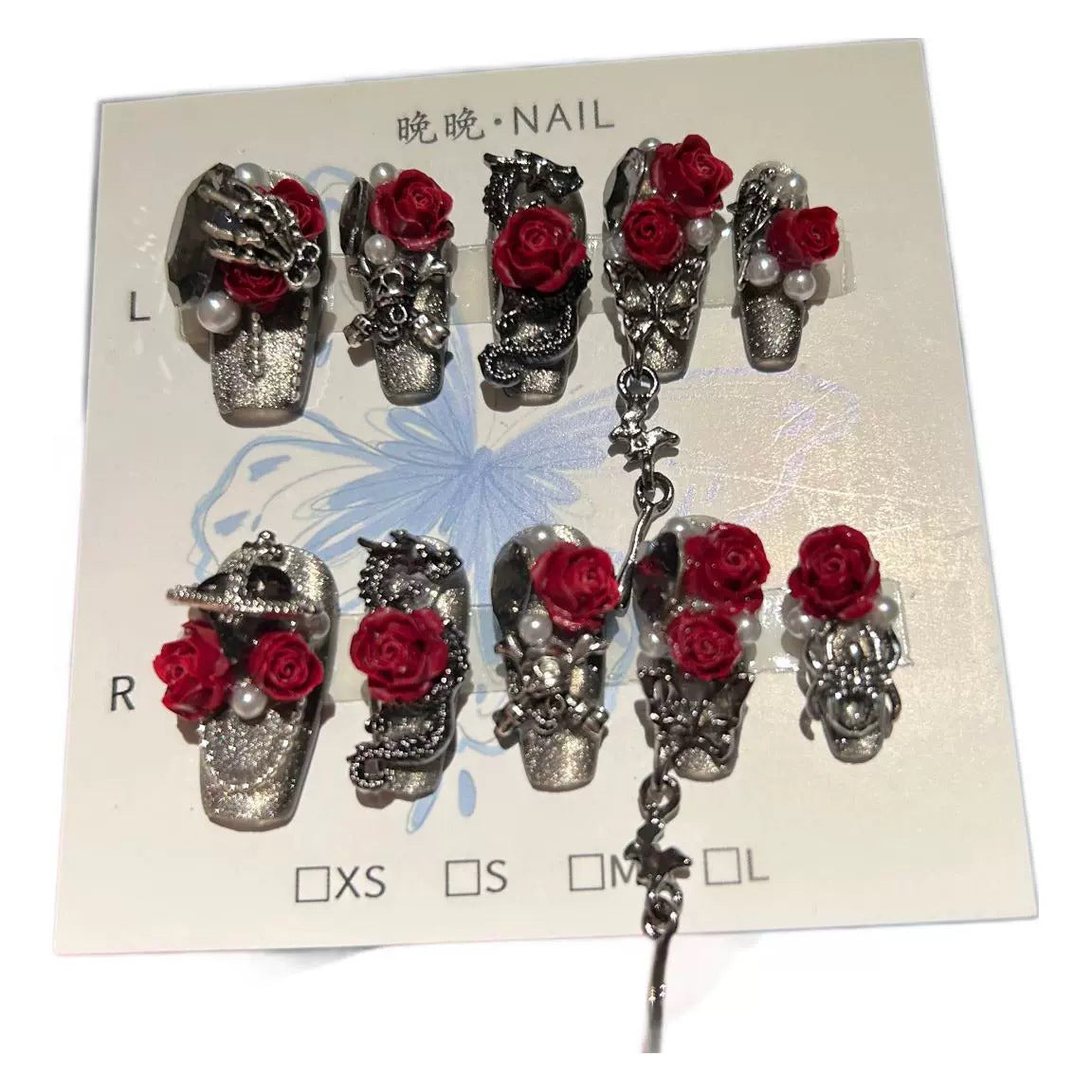 Handmade Metallic Silver Gothic Long Coffin Press On Nails with 3D Red Roses, Skeleton Hand & Dragon Metal Charms, Pearls & Dangling Chains