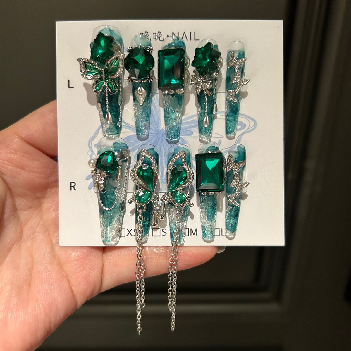 Handmade Teal Ink Wash Clear Long Stiletto Press On Nails with Giant Emerald Green Crystals, Green Butterfly Charms, Rhinestones & Long Dangling Silver Chains