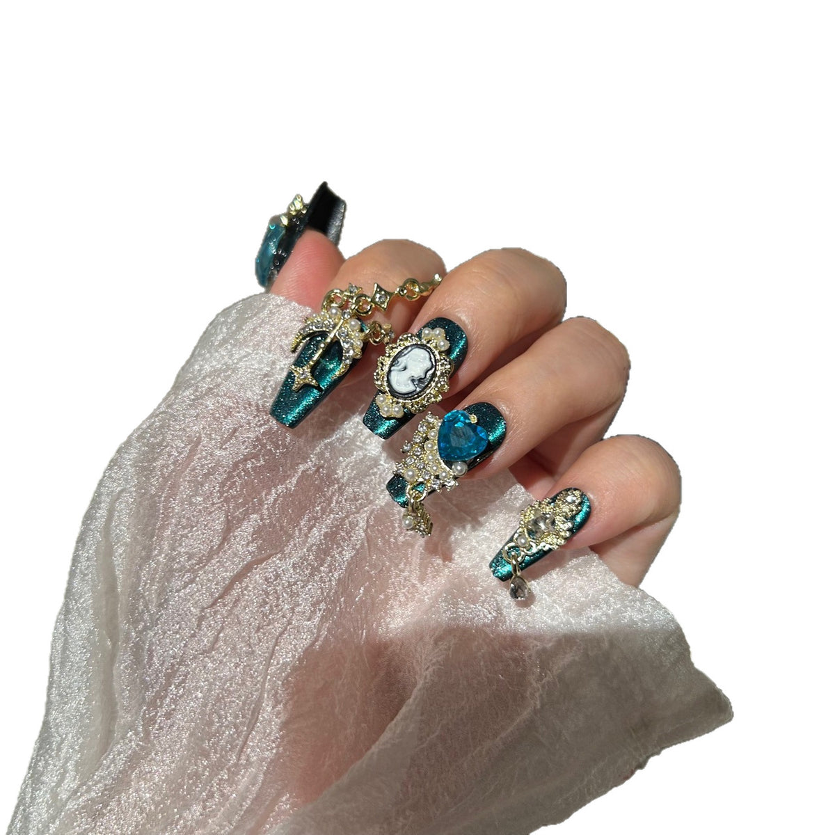 Handmade Dark Teal Glitter Long Coffin Press On Nails with Vintage Cameo Portrait, Large Aqua Blue Crystals, Gold Metal Charms & Dangling Chain Tassels