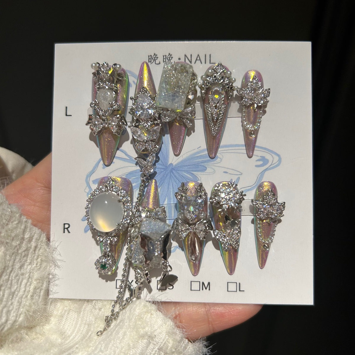 Handmade Iridescent Aurora Long Stiletto Press On Nails with Opal Gem Accents, Silver Rhinestone Bow & Star Charms, Pearls & Long Dangling Chains