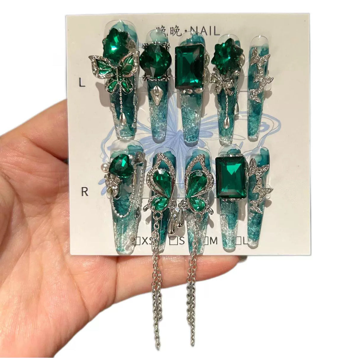 Handmade Teal Ink Wash Clear Long Stiletto Press On Nails with Giant Emerald Green Crystals, Green Butterfly Charms, Rhinestones & Long Dangling Silver Chains