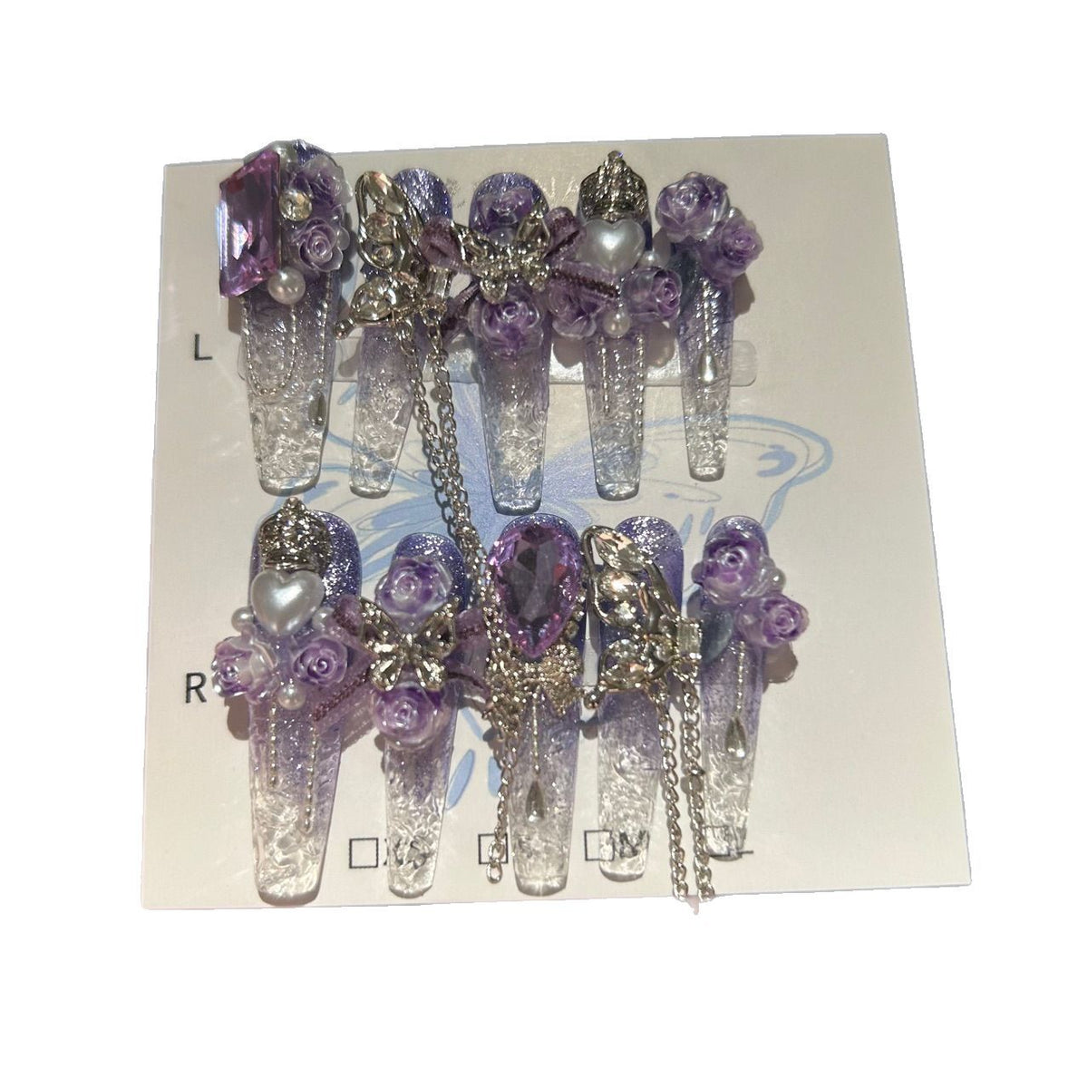 Handmade Purple Ombre Clear Long Stiletto Press On Nails, 3D Purple Rose Butterfly False Nails with Purple Gems & Dangling Silver Chains