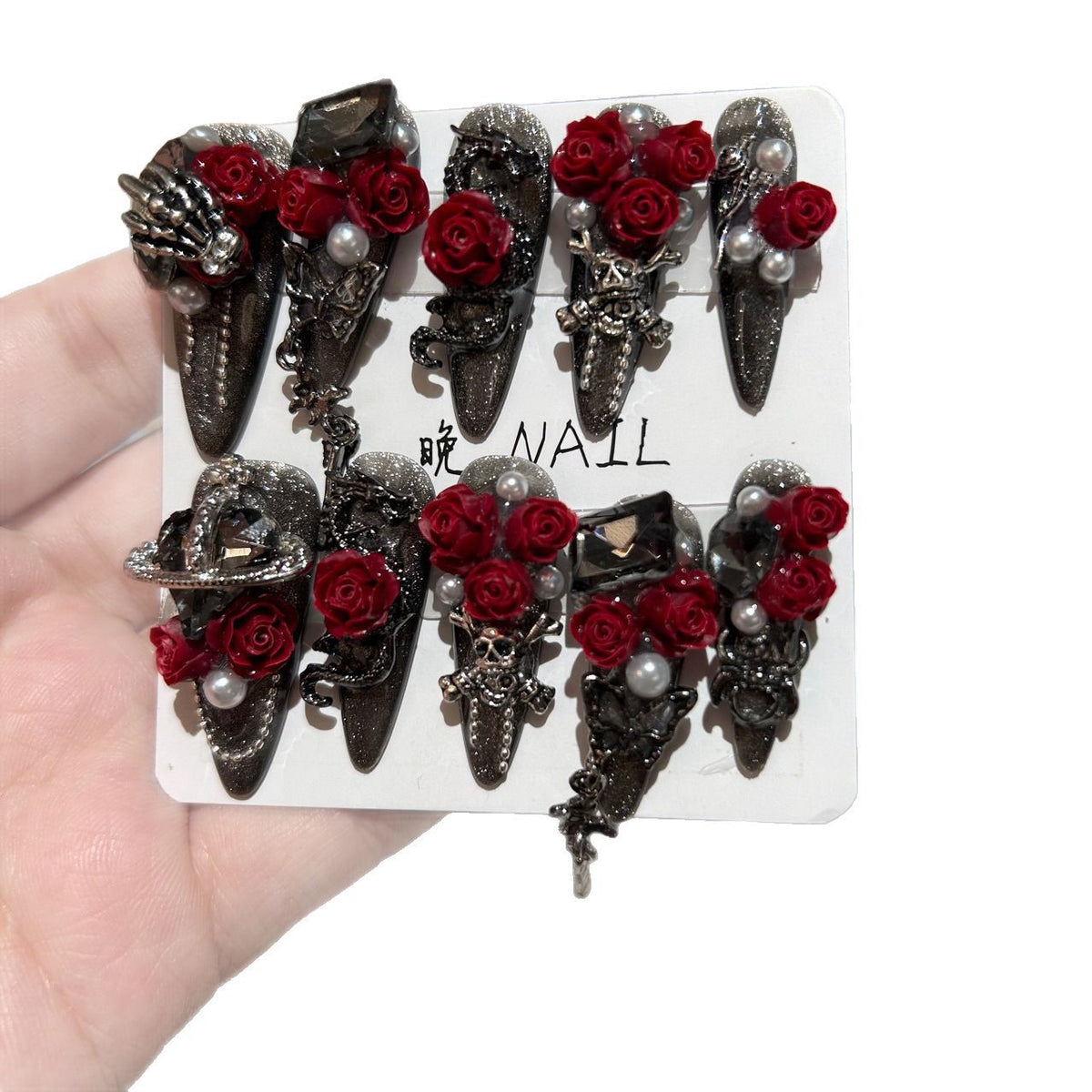 Handmade Black Glitter Gothic Long Stiletto Press On Nails with 3D Red Roses, Skeleton & Saturn Charms
