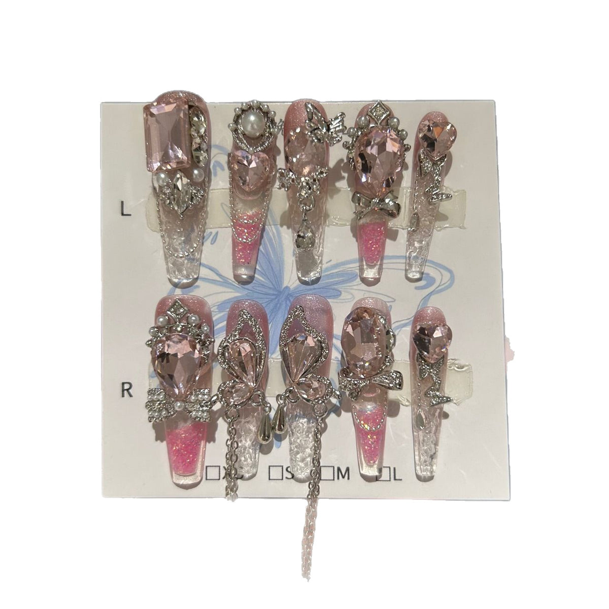 Handmade Pink Glitter Ombre Long Coffin Press On Nails with Large Pink Heart & Rectangle Crystals, Butterfly Rhinestones, Pearls & Dangling Silver Chains