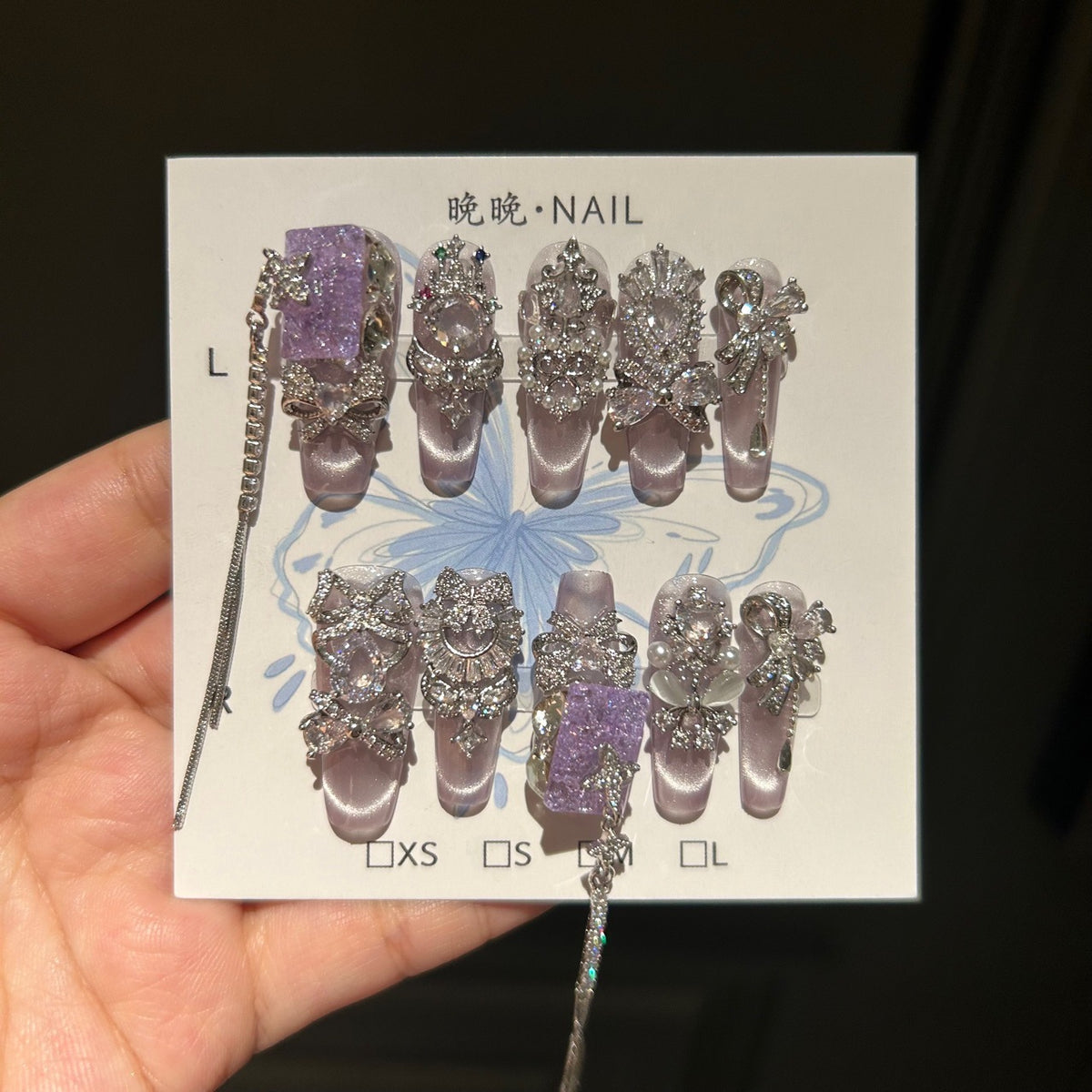 Handmade Light Lavender Metallic Long Coffin Press On Nails with Purple Crushed Stone Accents, Silver Rhinestone Moon & Bow Charms, Long Tassel Chains