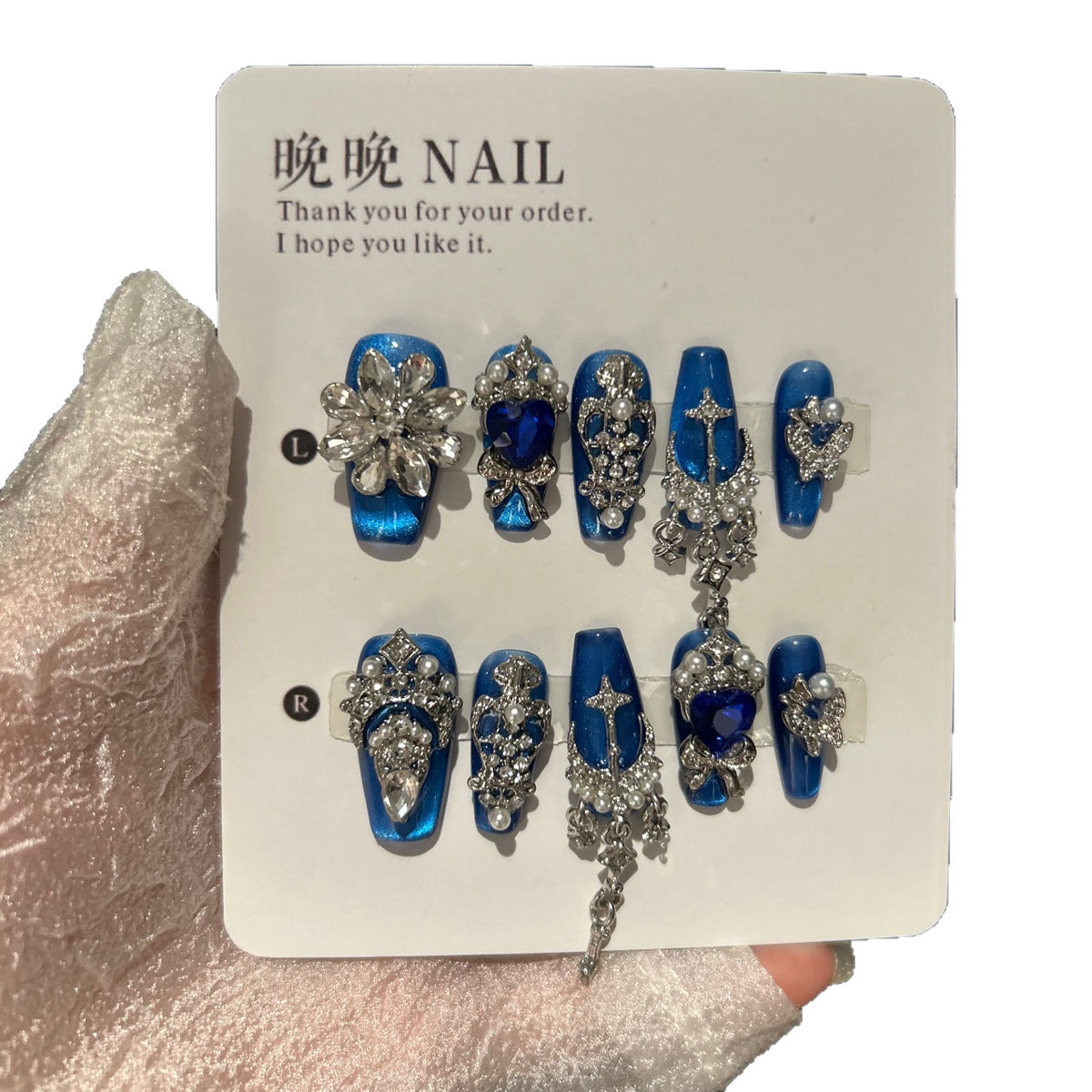 Handmade Royal Blue Cat Eye Long Coffin Press On Nails with Heart Sapphire Crystals & Crown Charms
