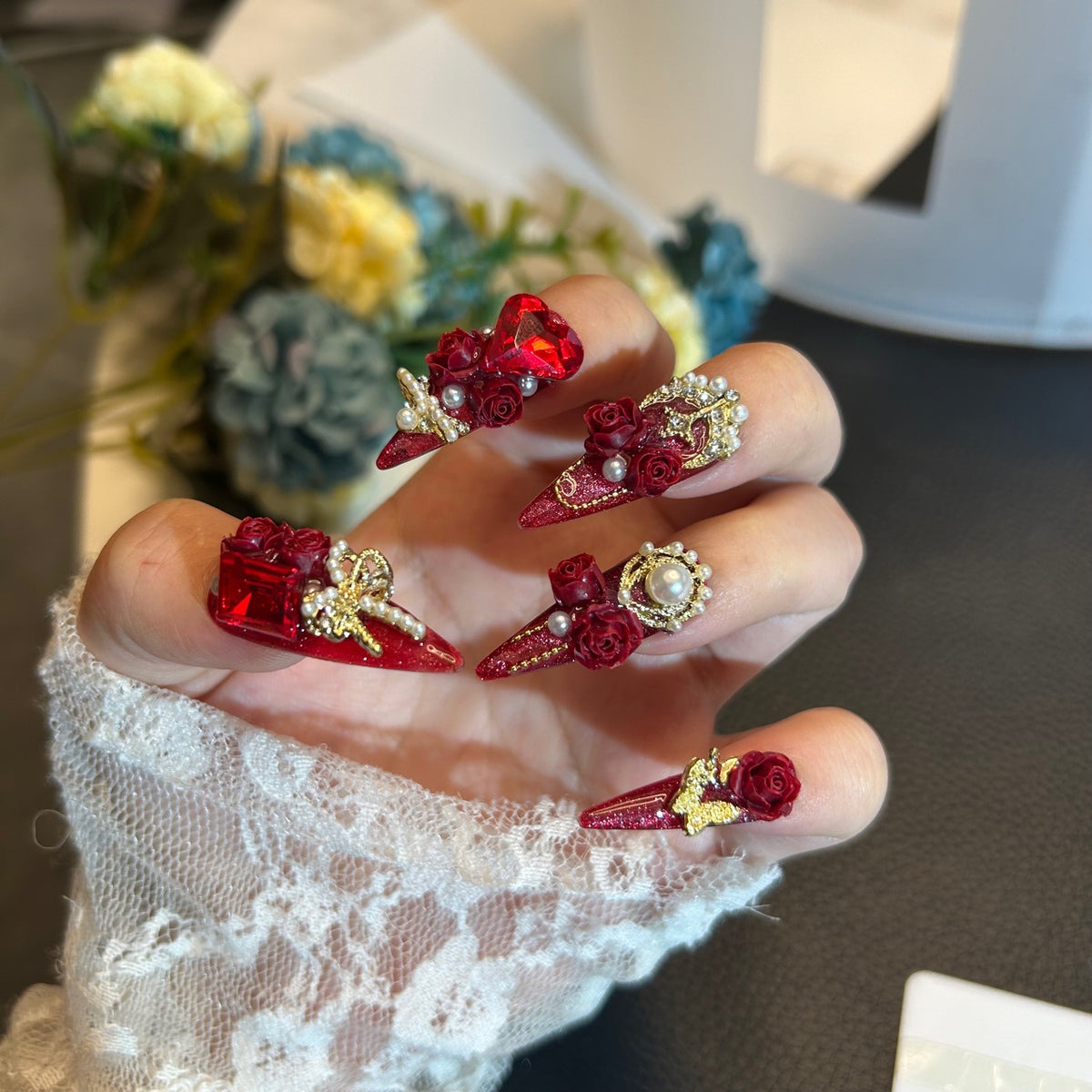 Handmade Red Glitter Long Stiletto Press On Nails with 3D Red Roses, Giant Red Heart Crystals, Gold Metal Accents & Pearl Chain Tassels