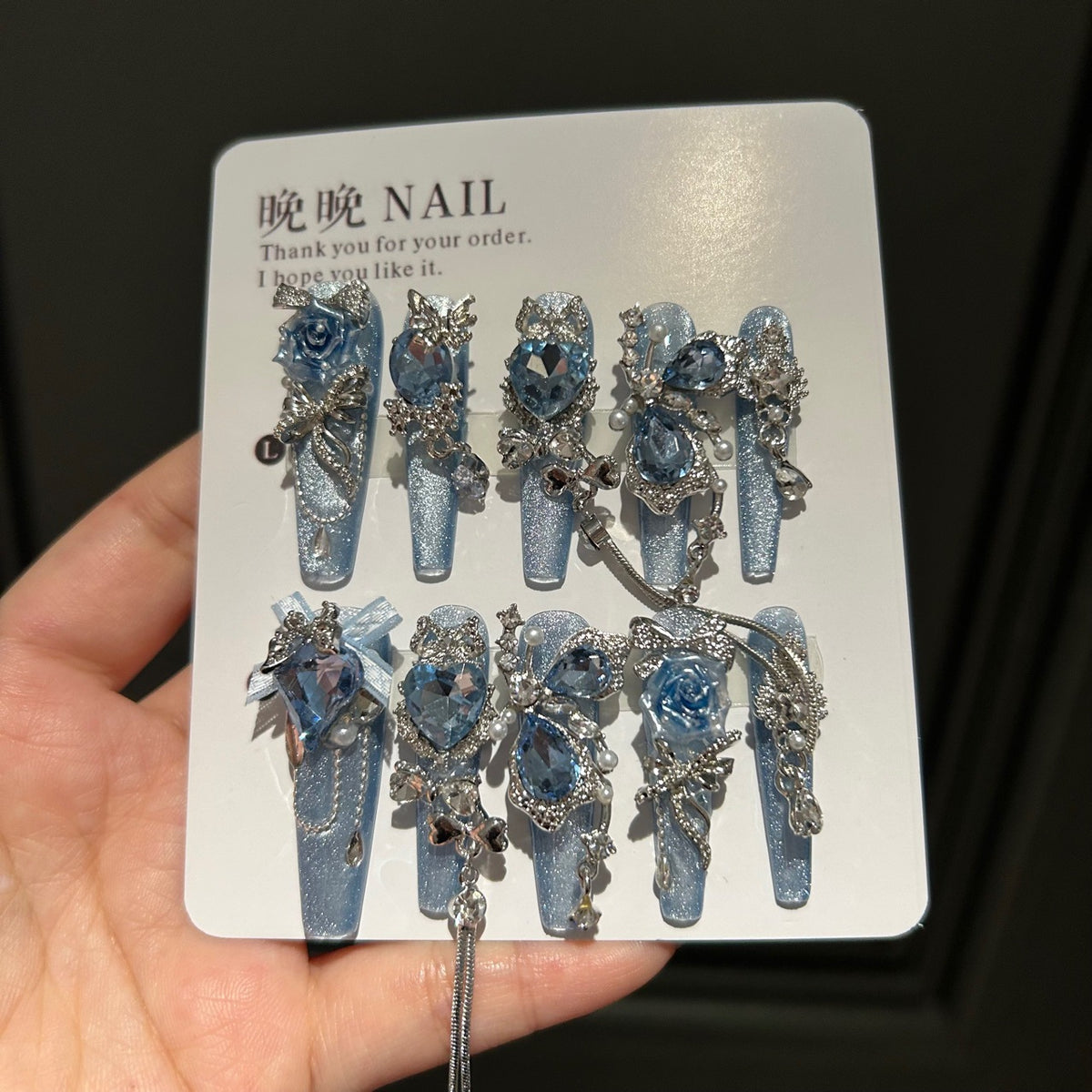 Handmade Blue Glitter Long Coffin Press On Nails with 3D Blue Roses, Large Blue Heart Crystals, Butterfly Charms, Pearls & Dangling Silver Chains