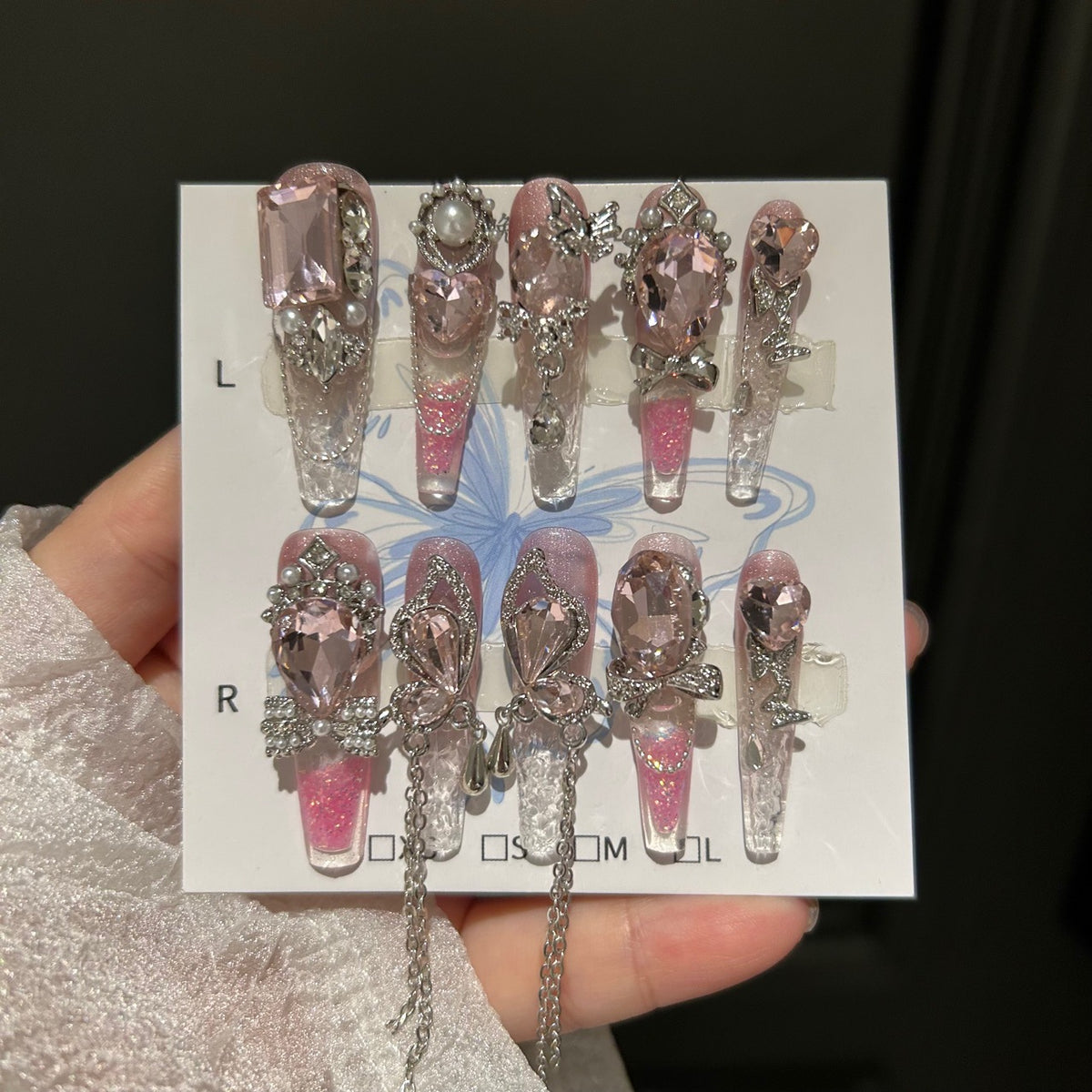 Handmade Pink Glitter Ombre Long Coffin Press On Nails with Large Pink Heart & Rectangle Crystals, Butterfly Rhinestones, Pearls & Dangling Silver Chains