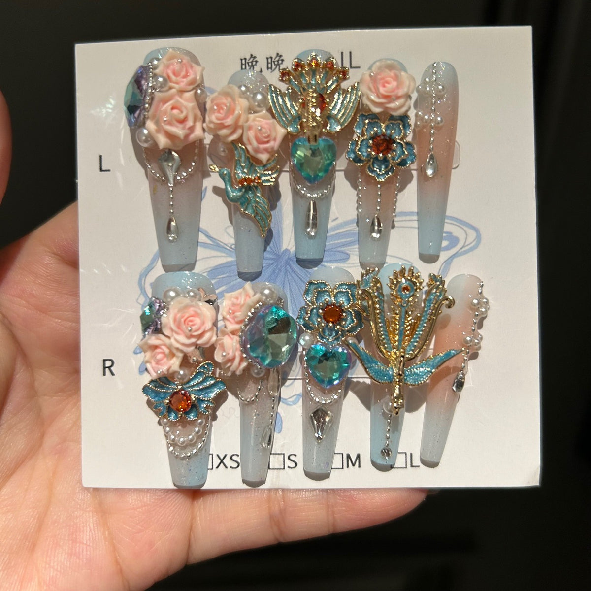 Blue and Gold Gradient Coffin Press-on Nails with 3D Pink Rose, Enamel Peacock Charms, and Hanging Pearl Drops - Oriental Glam Fake Nail Set