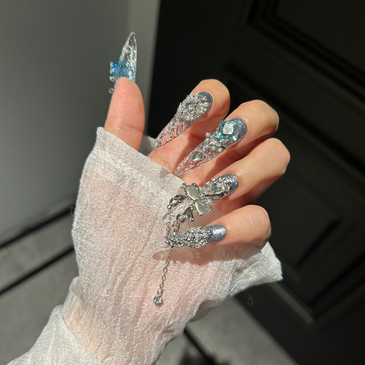 Handmade Blue Glitter Gradient Long Stiletto Press On Nails with 3D Blue Roses, AB Crystals & Dangling Chain Charms