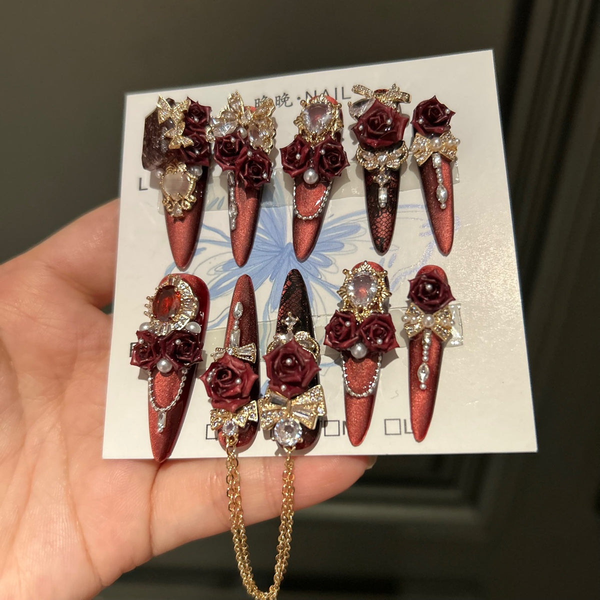 Handcrafted Designer Burgundy Press-on Nails - Metallic Cat Eye Base with Heavy 3D Floral, Rhinestones and Interconnected Chains