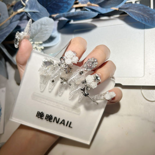 Handmade Clear Glitter White Rose Long Stiletto Press On Nails with Pearls & Silver Rhinestone Charms