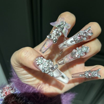 Handmade Baby Pink Gradient Long Coffin Press On Nails with Silver Filigree, Pink Crystals & Sheer Butterfly Charms