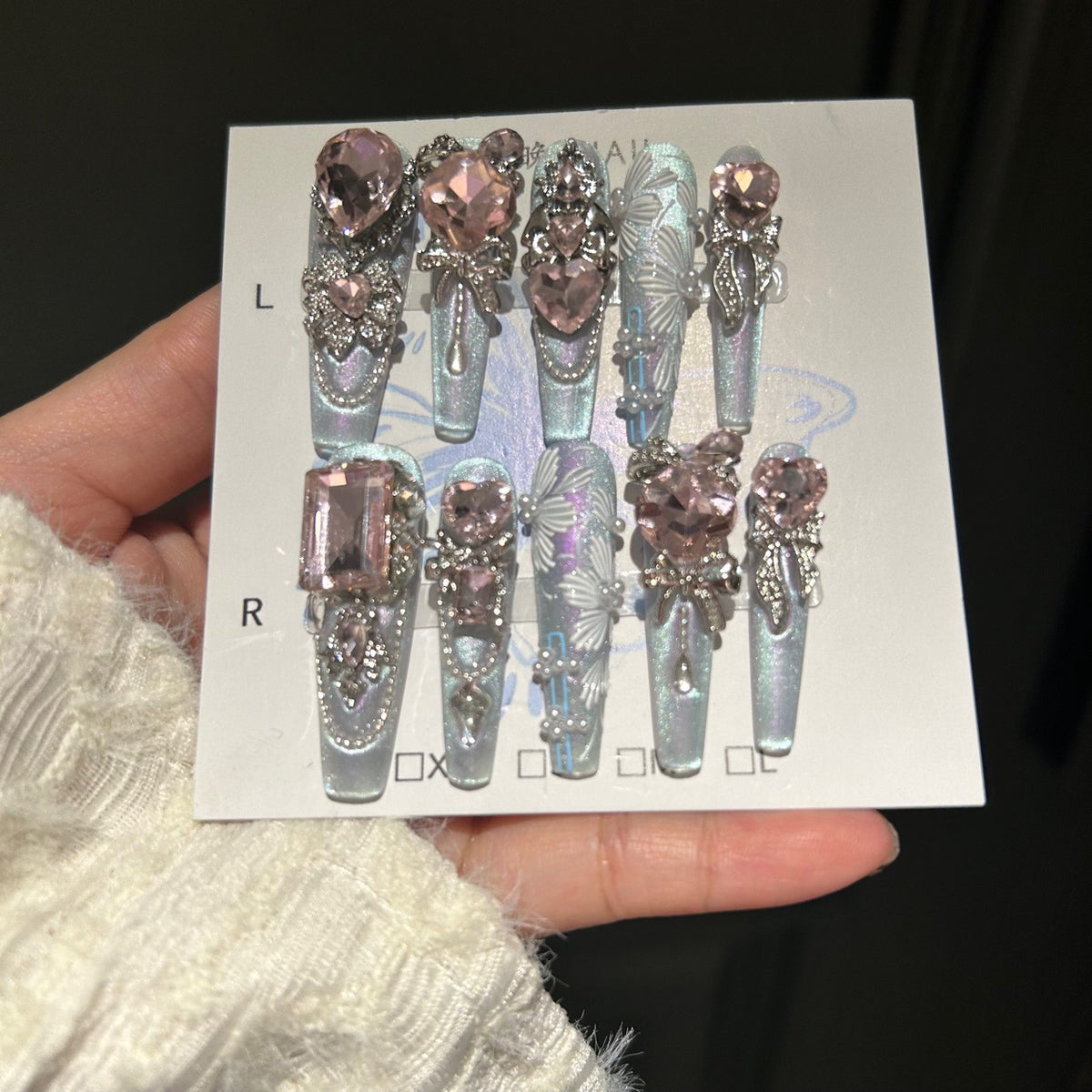 Handmade Light Blue Pink Heart Crystal Long Coffin Press On Nails with Butterfly & Pearls