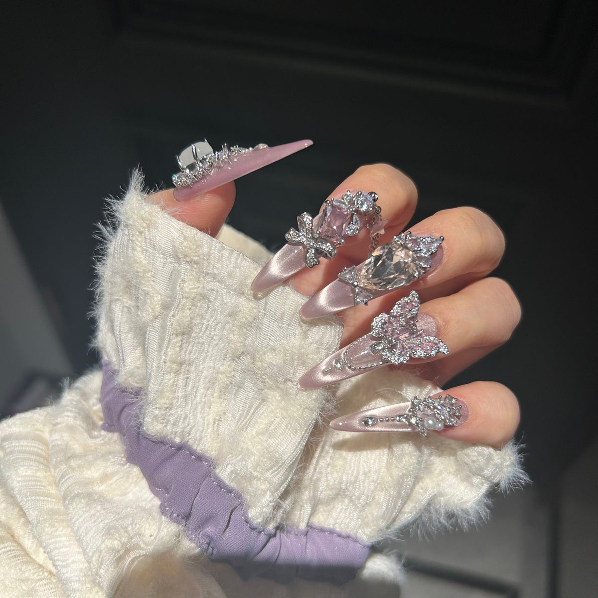 Handmade Nude Pink Chrome Long Stiletto Press On Nails with Pink Rhinestone Butterflies, Multi-Size Crystals, Pearl Accents & Silver Chain Tassels