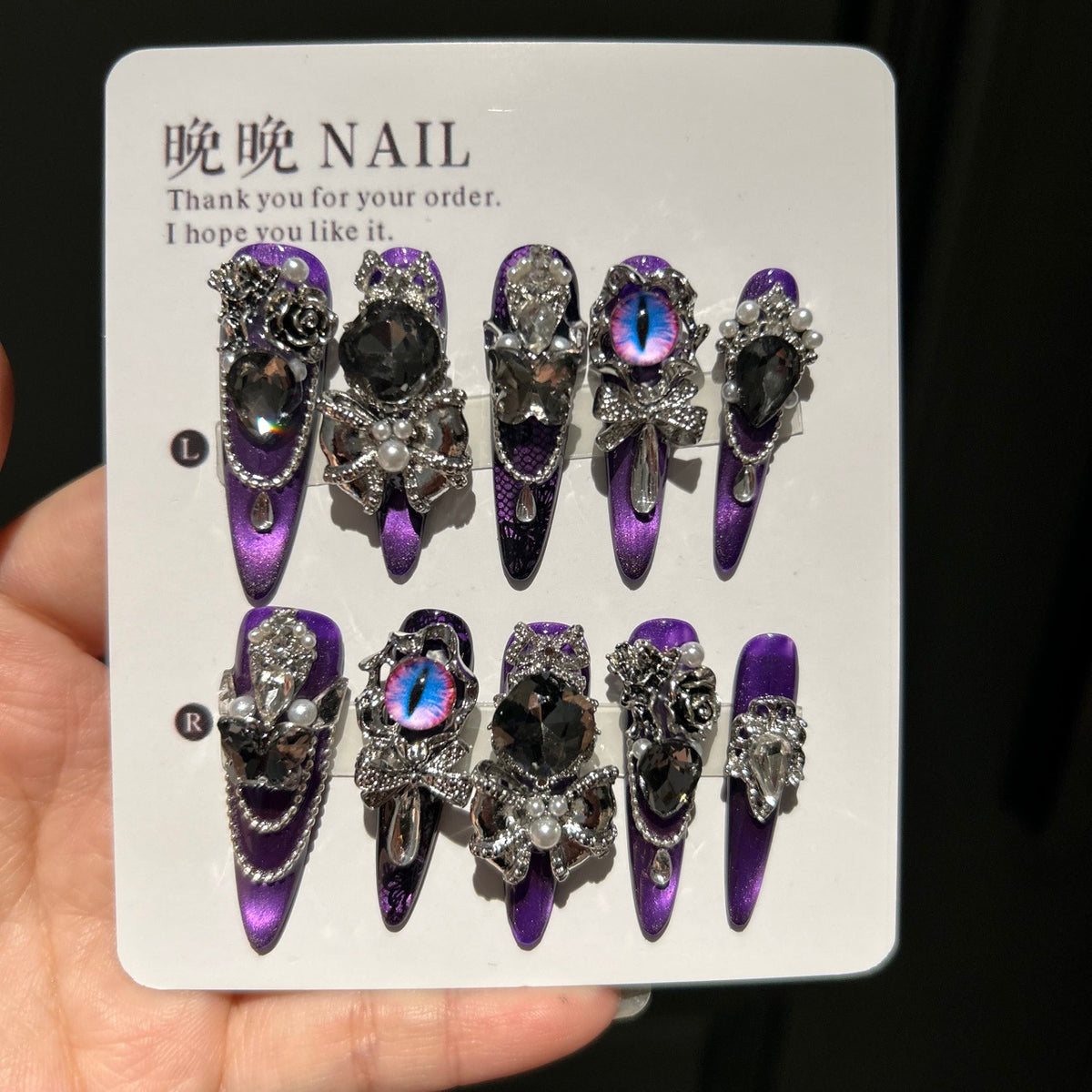Handmade Purple Cat Eye Long Stiletto Press On Nails with Demon Eye, Black Rose & Giant Crystal Charms