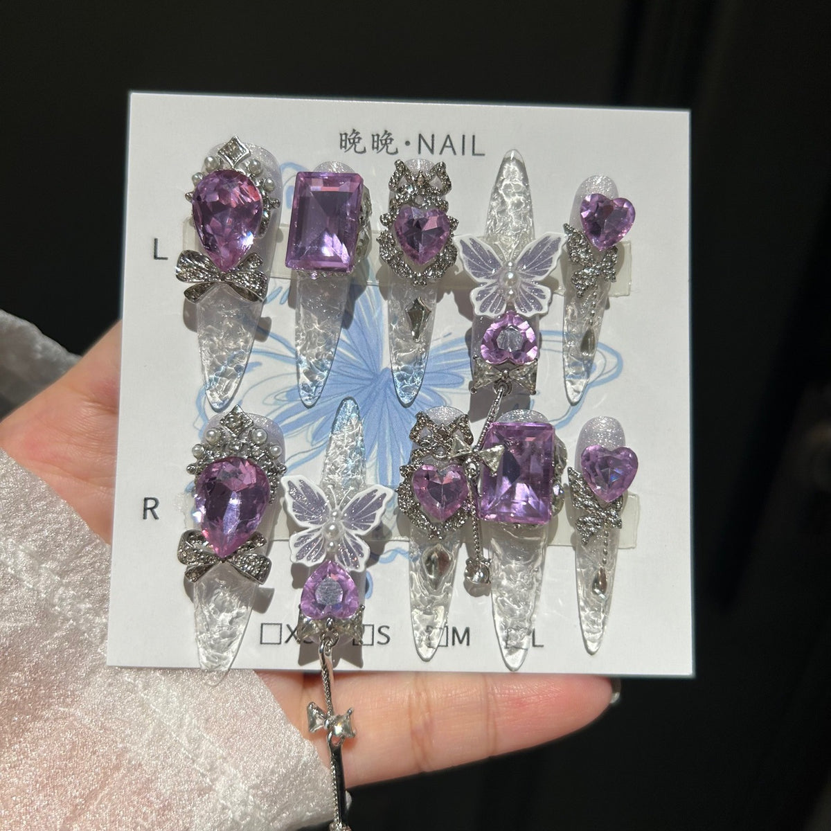 Purple Crystal Cat Eye Stiletto Press-on Nails with 3D Butterfly, Rhinestone, and Hanging Chain Charms - Luxury Fairy Fake Nail Set