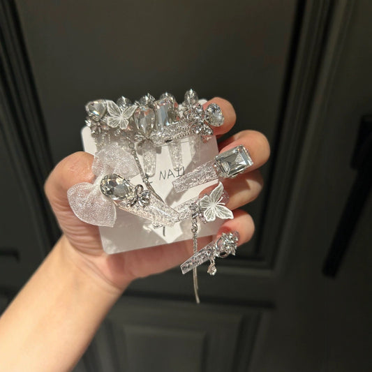 Handmade Clear Silver Glitter Butterfly Long Stiletto Press On Nails with Lace Bow & Rhinestone Chains