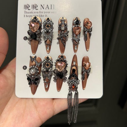 Handmade Bronze Metallic Butterfly Long Stiletto Press On Nails with Peach Heart Crystals & Tassel Chains