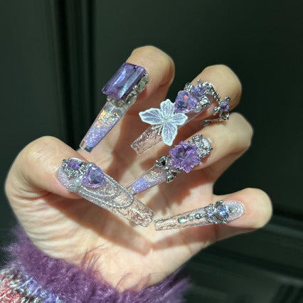 Handmade Clear Glitter Lavender Gradient Long Coffin Press On Nails with Purple Crystal & 3D Butterfly Charms