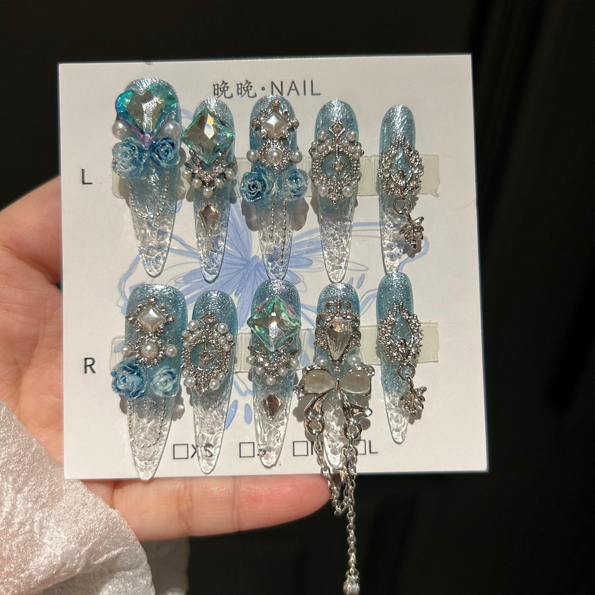 Handmade Blue Glitter Gradient Long Stiletto Press On Nails with 3D Blue Roses, AB Crystals & Dangling Chain Charms