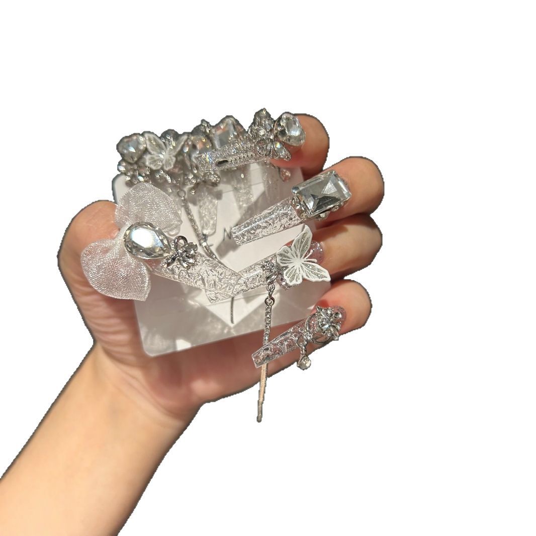 Handmade Clear Silver Glitter Butterfly Long Stiletto Press On Nails with Lace Bow & Rhinestone Chains