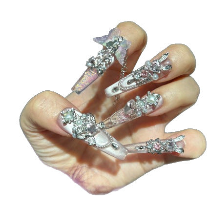 Handmade Baby Pink Gradient Long Coffin Press On Nails with Silver Filigree, Pink Crystals & Sheer Butterfly Charms