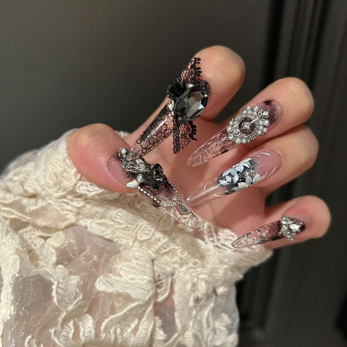 Handmade Smoky Grey Ink Wash Long Stiletto Press On Nails with Black Lace, White Floral & Giant Crystal Charms