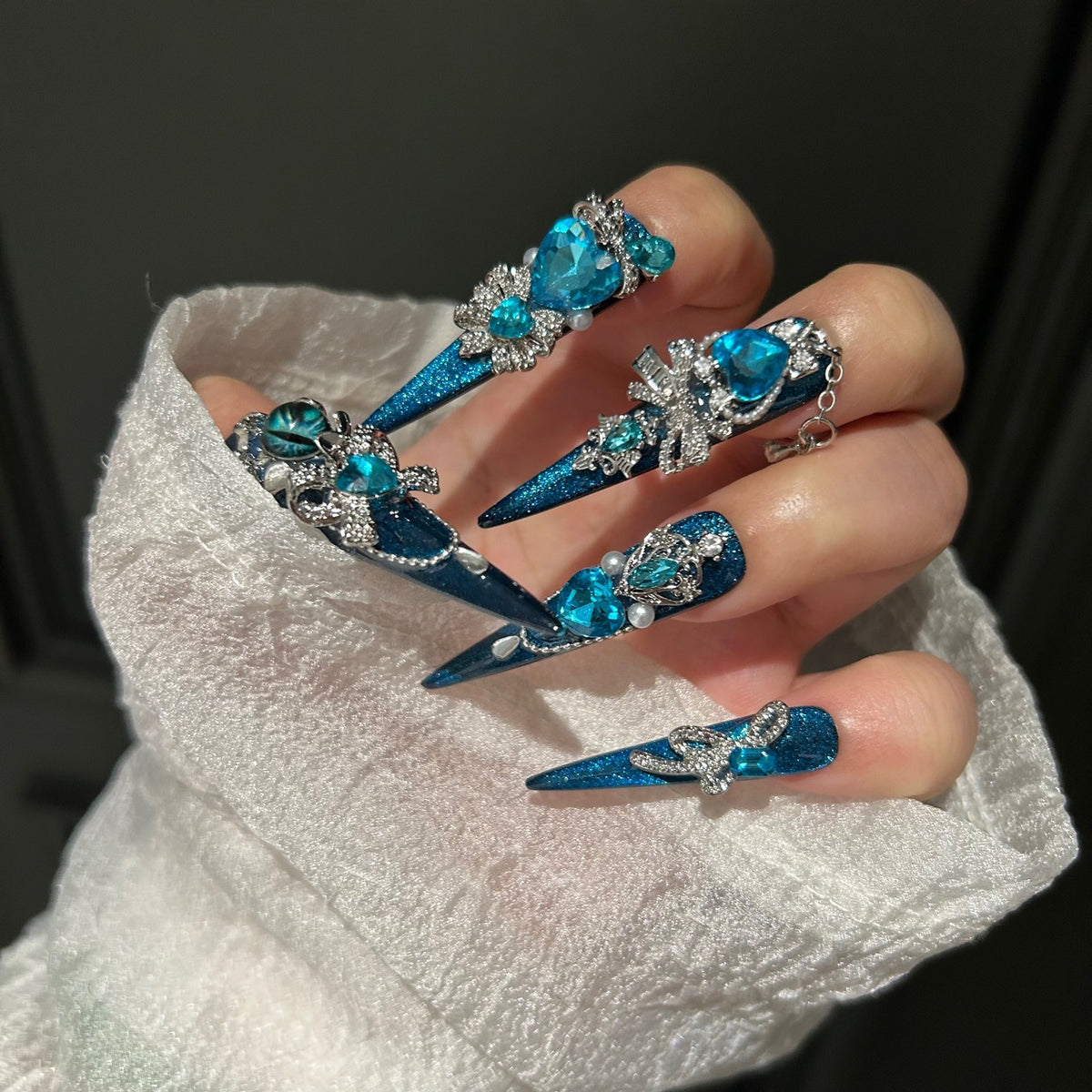 Handmade Teal Blue Cat Eye Long Stiletto Press On Nails with Evil Eye, Blue Heart Crystals & Rhinestone Bow Charms