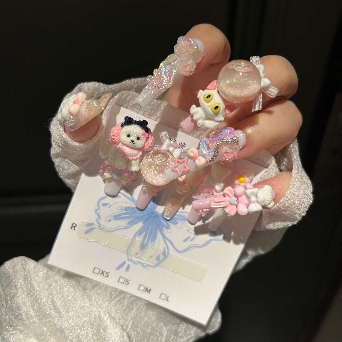 Handmade Kawaii Pink White Press On Nails, Long Stiletto Sweet False Nails with 3D Puppy, Bunny, Bear Doll Charms, Glitter Bubble Ball & Bow Rhinestones, Reusable Fake Nails for Cosplay Party