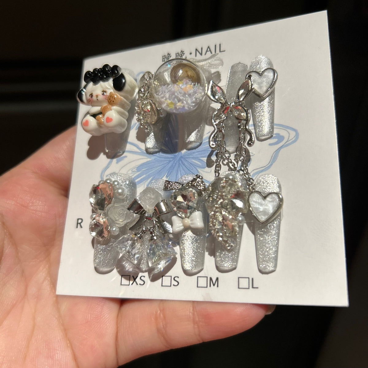 Handcrafted Designer Y2K Press-on Nails - Shimmering Cat Eye Base with Heavy 3D Anime Puppy, Floating Glitter Ball and Rhinestones