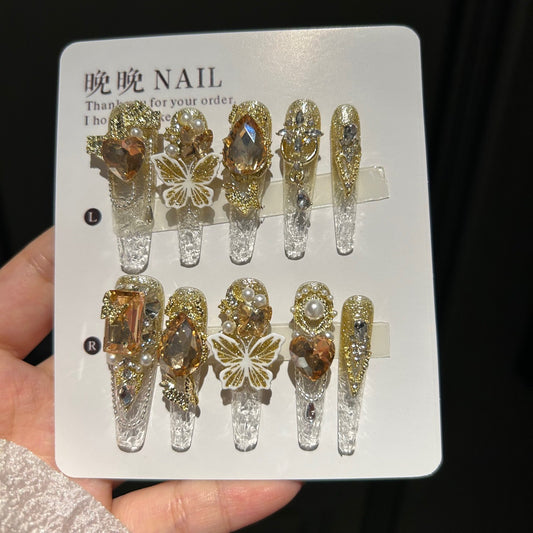 Handmade Clear Gold Glitter Long Stiletto Press On Nails, 3D White Butterfly False Nails with Champagne Heart Gems, Pearls & Rhinestones