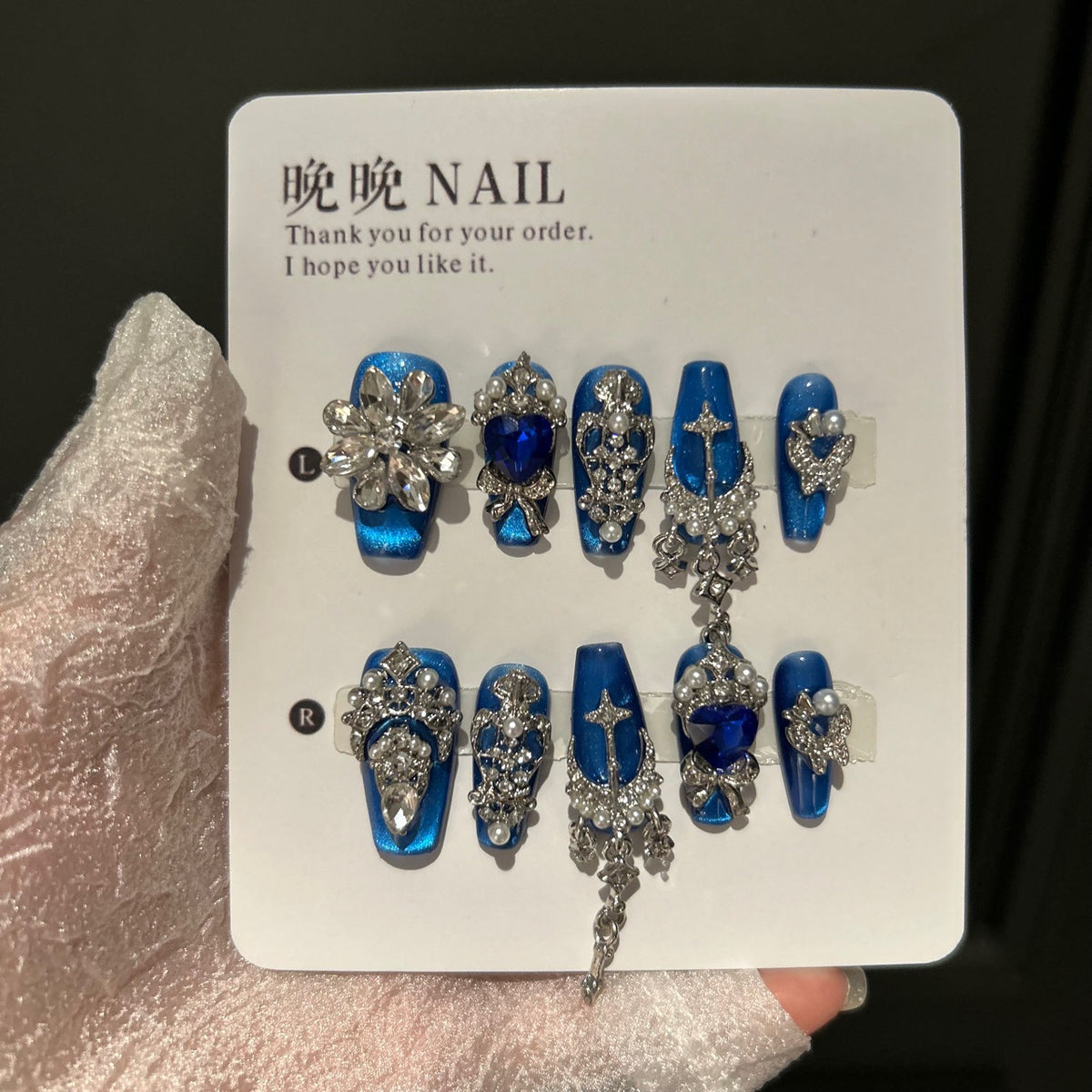 Handmade Royal Blue Cat Eye Long Coffin Press On Nails with Heart Sapphire Crystals & Crown Charms