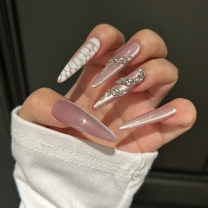 Handmade Nude Pink Cat Eye Press On Nails | Luxury Heavy Industry Snake Skin & Rhinestone Reusable Fake Nails, Edgy Nail Art
