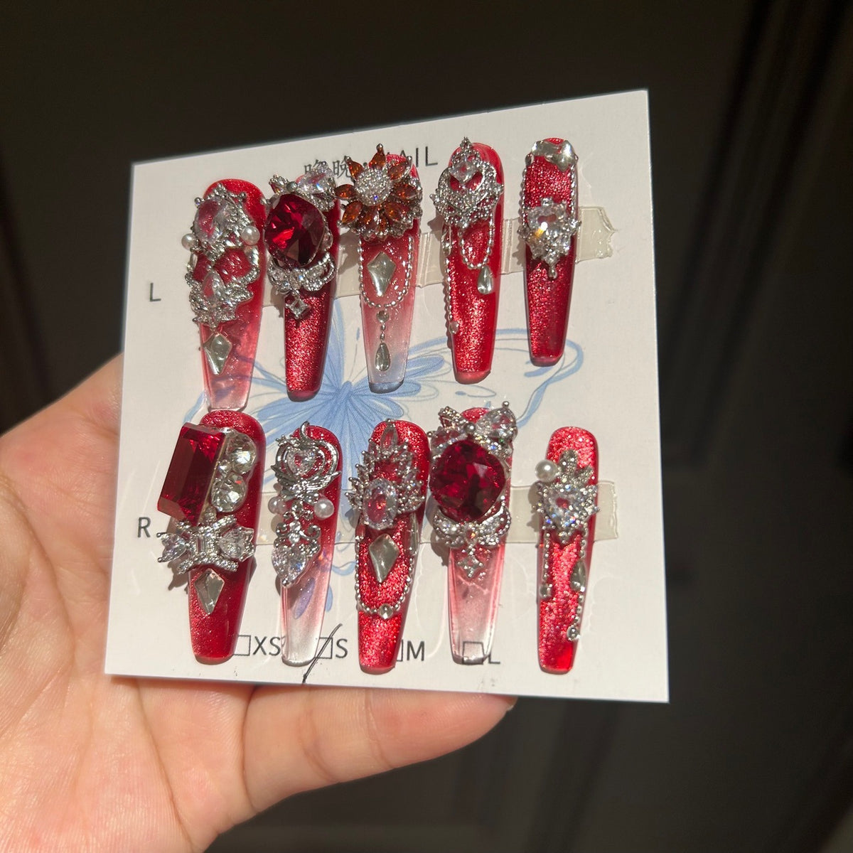 Handmade Red Glitter Gradient Long Coffin Press On Nails with Giant Ruby Crystals, Silver Rhinestone Filigree & Pearl Accents