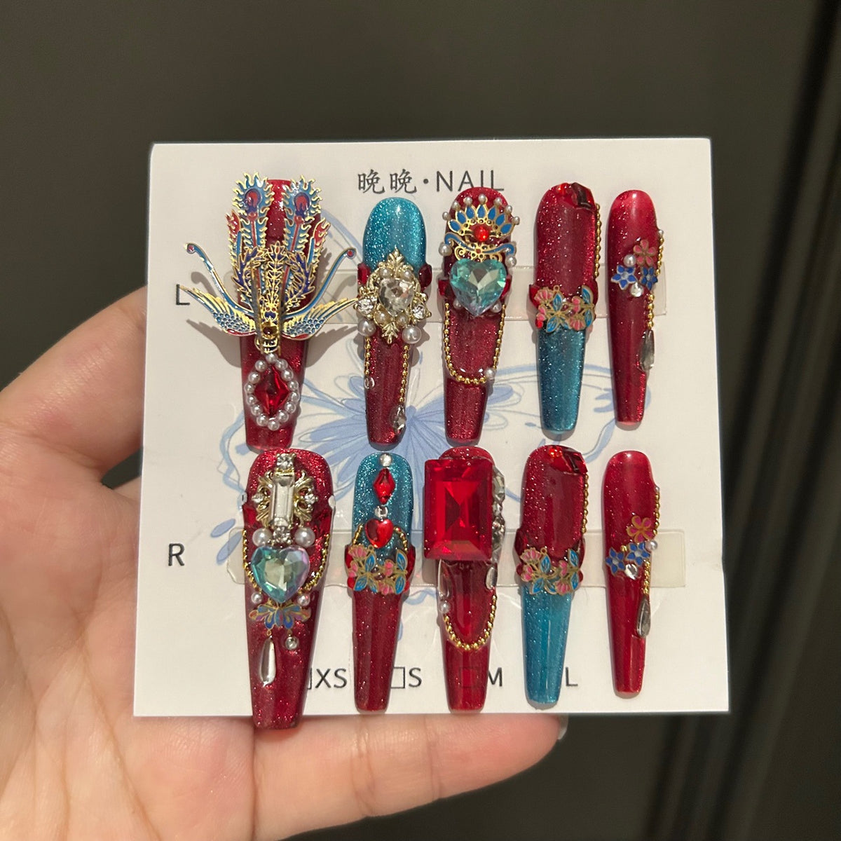 Handcrafted Designer Chinese Aesthetic Press-on Nails - Metallic Cat Eye Base with Heavy 3D Phoenix, Large Crystals and Chain Drops
