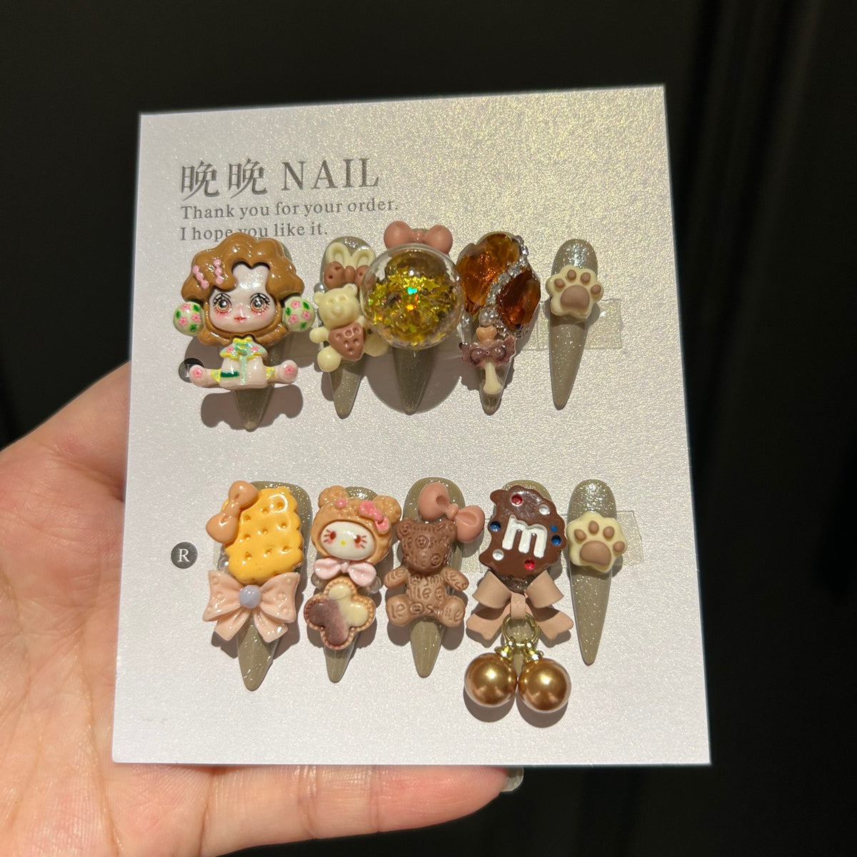 Handmade Brown Kawaii Doll Bear Cookie Long Stiletto Press On Nails with 3D Resin Charms