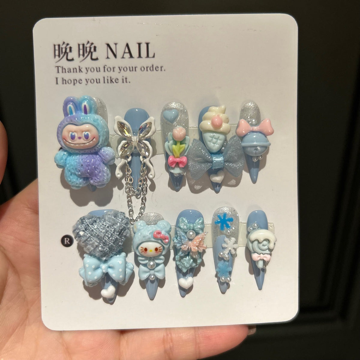 Handmade Blue Kawaii Long Stiletto Press On Nails, 3D Cartoon Character False Nails with Bow, Butterfly & Resin Charms